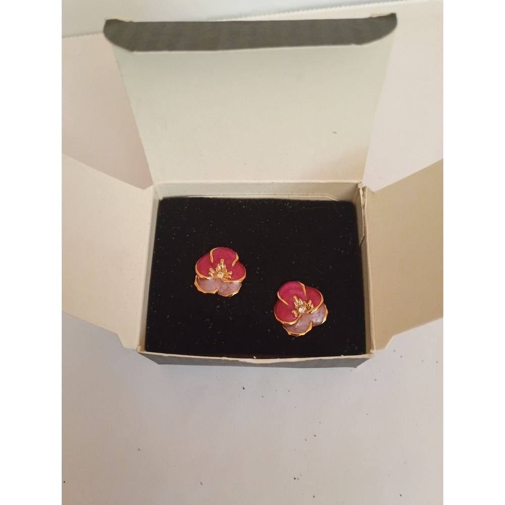 Avon Colorful Pansy Earrings Pink‎ Flowers Pierced Ears Gold Tone